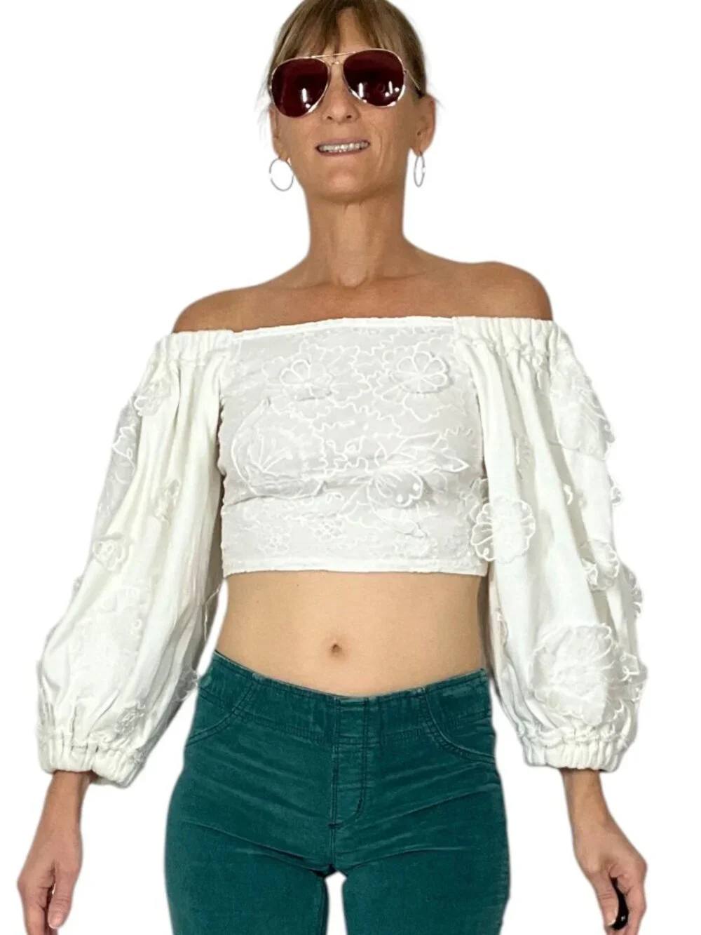 Free People Icing On Blouse Top XS Floral Lace Cropped Off-The-Shoulder